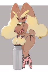 Size: 2150x3222 | Tagged: suggestive, artist:yuio, fictional species, lopunny, mammal, anthro, digitigrade anthro, nintendo, pokémon, 2022, arm fluff, big breasts, bikini, black nose, black sclera, breasts, clothes, colored sclera, cow print, cowbell, digital art, ear fluff, ear tag, ears, eyelashes, female, fluff, fur, hair, leg fluff, pink nose, solo, solo female, swimsuit, tail, thighs, wide hips