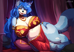 Size: 2481x1748 | Tagged: safe, artist:inu-sama, oc, oc only, canine, fox, mammal, anthro, 2022, belly button, big breasts, bikini, bikini top, black nose, blue body, blue eyes, blue fur, breasts, cleavage, clothes, commission, couch, detailed background, digital art, ears, eyelashes, female, fur, hair, hand on hip, indoors, lidded eyes, loincloth, looking at you, lying down, mature, mature female, multicolored fur, on side, open mouth, pose, slave leia outfit, slightly chubby, solo, solo female, swimsuit, tail, thick thighs, thighs, two toned body, two toned fur, vixen, wide hips