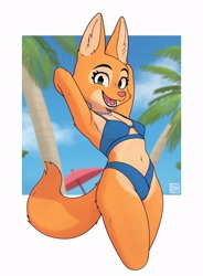 Size: 1509x2048 | Tagged: safe, artist:calicocryptid, diane foxington (the bad guys), canine, fox, mammal, anthro, dreamworks animation, the bad guys, beach, belly button, bikini, breasts, clothes, digital art, ears, female, fur, green eyes, jewelry, looking at you, necklace, open mouth, open smile, orange body, orange fur, outdoors, palm tree, plant, smiling, smiling at you, solo, solo female, swimsuit, tail, teeth, thick thighs, thighs, tree, umbrella, wide hips