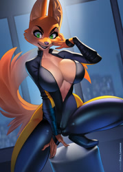 Size: 859x1200 | Tagged: safe, alternate version, artist:aomori, diane foxington (the bad guys), canine, fox, mammal, anthro, dreamworks animation, the bad guys, 2023, absolute cleavage, big breasts, breasts, catsuit, cleavage, cloud, ear fluff, eyebrow piercing, female, fluff, green eyes, lipstick, makeup, nail polish, piercing, solo, solo female, tail, tail fluff, thick thighs, thighs, unzipped, vixen