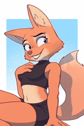 Size: 2000x3000 | Tagged: safe, artist:caliptid, diane foxington (the bad guys), canine, fox, mammal, anthro, dreamworks animation, the bad guys, 2023, belly button, border, bottomwear, breasts, clothes, crop top, digital art, ears, eyelashes, female, fur, piercing, pink nose, shorts, solo, solo female, sports bra, sports shorts, tail, thighs, topwear, vixen, white border, wide hips