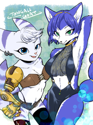 Size: 2575x3481 | Tagged: safe, artist:tongali-goat, krystal (star fox), rivet (r&c), canine, fictional species, fox, lombax, mammal, anthro, nintendo, ratchet & clank, star fox, 2023, armpits, arms behind head, bedroom eyes, belly button, black nose, bottomwear, breasts, clothes, digital art, dress, duo, duo female, ears, eyelashes, female, females only, fur, goggles, goggles on head, looking at you, prosthetic arm, prosthetics, shorts, side slit, tail, tank top, thighs, topwear, total sideslit, vixen, wide hips