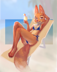 Size: 1717x2146 | Tagged: safe, artist:ciel.chevalier, diane foxington (the bad guys), canine, fox, mammal, anthro, digitigrade anthro, dreamworks animation, the bad guys, 2023, armpits, arms behind head, beach, beach chair, belly button, bikini, blue bikini, blue swimsuit, breasts, butt, chair, clothes, digital art, ears, eyelashes, female, fur, looking at you, piercing, pink nose, smiling, smiling at you, solo, solo female, swimsuit, tail, thighs, underass, vixen, wide hips