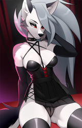 Size: 1230x1920 | Tagged: suggestive, artist:tailtrance, loona (vivzmind), canine, fictional species, hellhound, mammal, anthro, hazbin hotel, helluva boss, 2023, absolute cleavage, bedroom eyes, black nose, bottomwear, breasts, cleavage, clothes, colored sclera, detailed background, digital art, dress, ears, evening gloves, eyelashes, female, fur, gloves, gray hair, hair, legwear, long gloves, panties, red sclera, sitting, solo, solo female, stockings, tail, thighs, underwear, whtie body, wide hips