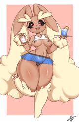 Size: 1644x2555 | Tagged: suggestive, artist:kyodashiro, fictional species, lopunny, mammal, anthro, digitigrade anthro, nintendo, pokémon, 2023, areola, areola slip, arm fluff, black sclera, blushing, bottomwear, breasts, cameltoe, clothes, colored sclera, digital art, ear fluff, ears, eyelashes, female, fluff, fur, looking at you, micro skirt, nipple tape, open mouth, panties, pink nose, simple background, skirt, solo, solo female, tail, tank top, thighs, tongue, topwear, underwear, waitress, wide hips