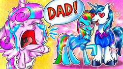 Size: 686x386 | Tagged: safe, artist:annie korea, princess flurry heart (mlp), rainbow dash (mlp), shining armor (mlp), alicorn, equine, fictional species, mammal, pegasus, pony, unicorn, friendship is magic, hasbro, my little pony, abuse, baby, baby pony, bottomwear, clothes, crying, dress, female, filly, foal, heart, heart eyes, infidelity, male, male/female, sad, shiningdash (mlp), shipping, tongue, tongue out, wat, wingding eyes, young, youtube link