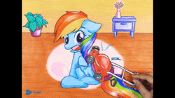 Size: 520x293 | Tagged: dead source, safe, artist:seegi channel, rainbow dash (mlp), arthropod, equine, fictional species, human, insect, mammal, pegasus, pony, friendship is magic, hasbro, my little pony, animated, flea, gif, itchy, lawn mower, low res, wat, youtube link