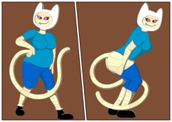 Size: 3508x2480 | Tagged: suggestive, artist:moopsart, finn the human (adventure time), me-mow (adventure time), cat, feline, mammal, anthro, adventure time, cartoon network, bending over, black pupils, bust, clothes, cosplay, crossdressing, fangs, female, mooning, pants, pants pulled down, red eyes, requested art, seductive look, sharp teeth, simple background, smiling, solo, solo female, stripping, tail, teeth