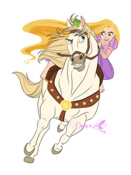 Size: 800x1066 | Tagged: safe, artist:nippy13, part of a set, maximus (tangled), pascal (tangled), rapunzel (tangled), chameleon, equine, horse, human, lizard, mammal, reptile, feral, disney, tangled (disney), 2018, 2d, female, group, looking at each other, male, on model, signature, simple background, stallion, trio, ungulate, white background