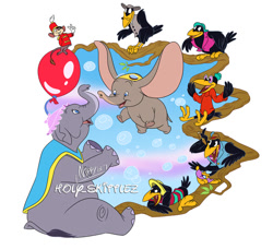 Size: 800x731 | Tagged: safe, artist:nippy13, dumbo (character), jim crow (dumbo), mrs. jumbo (dumbo), timothy q. mouse (dumbo), bird, corvid, crow, elephant, mammal, mouse, rodent, songbird, feral, semi-anthro, disney, dumbo (film), 2018, 2d, balloon, bubbles, cigar, deacon (dumbo), dopey (dumbo), fats (dumbo), female, flying, glasses, group, male, mother, mother and child, mother and son, murine, open mouth, open smile, simple background, sitting, smiling, son, specks (dumbo), ungulate, white background, young