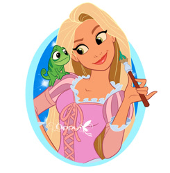 Size: 800x815 | Tagged: safe, artist:nippy13, pascal (tangled), rapunzel (tangled), chameleon, human, lizard, mammal, reptile, feral, disney, tangled (disney), 2019, 2d, bottomwear, clothes, dress, duo, duo male and female, female, holding, holding object, male, on model, paint, paintbrush, puffy sleeves, signature, simple background, white background