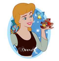 Size: 800x823 | Tagged: safe, artist:nippy13, cinderella (cinderella), gus (cinderella), jaq (cinderella), bird, bluebird, human, mammal, mouse, rodent, songbird, cinderella (disney), disney, 2019, 2d, female, group, holding, holding character, male, on model, signature, simple background, white background