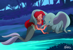 Size: 1078x741 | Tagged: safe, artist:nippy13, ariel (the little mermaid), dumbo (character), elephant, fictional species, fish, mammal, mermaid, feral, humanoid, disney, dumbo (film), the little mermaid (disney), 2022, 2d, crossover, cute, duo, duo male and female, female, forest, male, on model, signature, ungulate, water, young