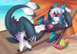 Size: 2283x1614 | Tagged: safe, artist:sheer, oc, oc only, cetacean, dragon, fictional species, hybrid, mammal, orca, orcadragon, anthro, digitigrade anthro, 2023, armpits, arms behind head, beach, beach chair, beach umbrella, bedroom eyes, belly button, bikini, breasts, chair, clothes, commission, digital art, ears, eyelashes, female, glasses, hair, horns, looking at you, pose, scales, solo, solo female, swimsuit, tail, thighs, umbrella, wide hips