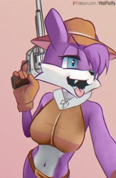 Size: 1289x1975 | Tagged: safe, artist:v-tal, mammal, mustelid, weasel, anthro, sega, sonic the hedgehog (series), 2023, belly button, black nose, bottomwear, breasts, clothes, crop top, digital art, ears, eyelashes, female, fur, gun, hair, handgun, nic the weasel (sonic), open mouth, pose, shorts, solo, solo female, tail, tank top, thighs, tongue, tongue out, topwear, weapon, wide hips