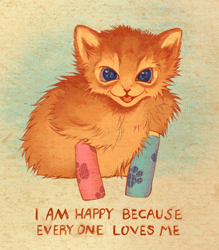 Size: 730x832 | Tagged: safe, artist:kibbowle, cat, feline, mammal, feral, ambiguous gender, cute, fur, kitten, open mouth, open smile, orange body, orange fur, parody, smiling, solo, solo ambiguous, style emulation, tater tot, young