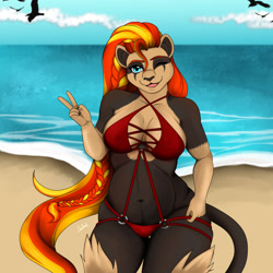 Size: 1919x1919 | Tagged: suggestive, artist:dainoth, fictional species, pyroar, anthro, nintendo, pokémon, 2023, areola outline, beach, belly button, bikini, black nose, breasts, brown body, brown fur, clothes, cyan eyes, detailed background, digital art, ears, eyelashes, female, fur, hair, nipple outline, one eye closed, open mouth, orange hair, outdoors, pose, solo, solo female, swimsuit, tail, thighs, tongue, wide hips