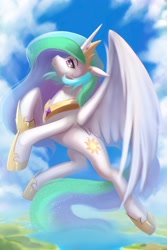 Size: 1439x2160 | Tagged: safe, artist:caddea, artist:caddeaartsfw, princess celestia (mlp), alicorn, equine, fictional species, mammal, pony, feral, friendship is magic, hasbro, my little pony, cloud, cloven hooves, crown, cute, digital art, ethereal mane, ethereal tail, eyelashes, feather, feathers, female, flowing mane, flowing tail, flying, gem, hair, headwear, hoof shoes, hooves, horn, jewelry, looking up, majestic, mane, mare, ocean, peytral, purple eyes, regalia, scenery, scenery porn, sky, solo, solo female, spread wings, starry mane, starry tail, stars, tail, water, wings
