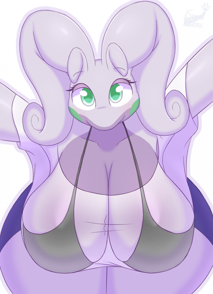 260766 - suggestive, artist:snackbunnii, fictional species, goodra, anthro,  nintendo, pokémon, 2023, absolute cleavage, bra, breasts, cleavage,  clothes, digital art, ears, eyelashes, female, green eyes, hanging breasts,  huge breasts, looking at you, pose
