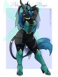 Size: 1620x2160 | Tagged: safe, artist:ambris, queen chrysalis (mlp), arthropod, changeling, changeling queen, equine, fictional species, anthro, plantigrade anthro, friendship is magic, hasbro, my little pony, 2023, absolute cleavage, adventuring is magic, anthrofied, arm behind head, armpits, bedroom eyes, big breasts, black body, boots, border, breasts, cleavage, clothes, corset, eye through hair, eyebrows, eyelashes, eyes, female, grin, hair, high heel boots, high heels, horn, leonine tail, lidded eyes, long hair, shoes, simple background, smiling, solo, solo female, tail, teal hair, torn clothes, white background, white border, wide hips, wings