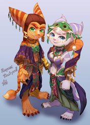 Size: 1622x2271 | Tagged: safe, artist:juunishiaya, mineru (zelda), ratchet (r&c), rauru (zelda), rivet (r&c), fictional species, lombax, mammal, anthro, nintendo, ratchet & clank, the legend of zelda, the legend of zelda: tears of the kingdom, absolute cleavage, breasts, cleavage, clothes, cosplay, costume, duo, duo male and female, female, jewelry, looking at you, male, prosthetic arm, prosthetics, smiling, smiling at you