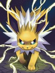 Size: 2186x2895 | Tagged: safe, artist:zira2626, eeveelution, fictional species, jolteon, mammal, feral, nintendo, pokémon, 2022, 2d, ambiguous gender, angry, front view, lightning, looking at you, pixiv, solo, solo ambiguous