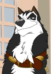 Size: 828x1189 | Tagged: safe, artist:jonnydoodles, steele (balto), alaskan malamute, canine, dog, mammal, feral, balto (series), 2d, bust, collar, front view, looking at you, male, signature, solo, solo male, three-quarter view, window