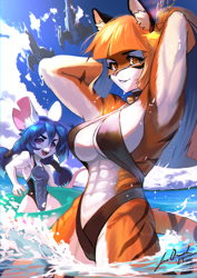 Size: 620x877 | Tagged: safe, artist:jecbrush, oc, oc only, big cat, feline, mammal, mouse, rodent, tiger, anthro, 2023, abs, absolute cleavage, armpits, arms behind head, beach, bikini, black nose, breasts, cleavage, clothes, detailed background, digital art, duo, duo female, ears, eyelashes, female, females only, fur, hair, muscles, ocean, one-piece swimsuit, swimsuit, tail, thighs, water, wide hips