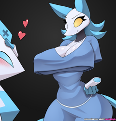 Size: 1881x1959 | Tagged: suggestive, artist:cooliehigh, tasque manager (deltarune), android, cat, feline, fictional species, mammal, robot, anthro, deltarune, spoiler:deltarune chapter 2, 2023, big breasts, blushing, breasts, clothes, digital art, duo, duo male and female, ears, eyelashes, faceless male, female, female focus, fur, hair, male, male/female, nipple outline, offscreen character, solo focus, tail, thighs, wide hips