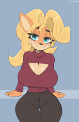 Size: 1552x2374 | Tagged: safe, alternate version, artist:cooliehigh, coco bandicoot (crash bandicoot), bandicoot, mammal, marsupial, anthro, crash bandicoot (series), 2023, bedroom eyes, big breasts, black nose, bottomwear, breasts, clothes, digital art, ears, eyelashes, female, fur, hair, looking at you, pants, shirt, solo, solo female, tail, thighs, topwear, wide hips