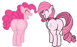 Size: 2276x1373 | Tagged: suggestive, artist:muhammad yunus, artist:noi kincade, editor:siti shafiyyah, pinkie pie (mlp), oc, oc:annisa trihapsari, earth pony, equine, fictional species, mammal, pony, feral, friendship is magic, hasbro, my little pony, annibutt, big butt, blank flank, blushing, butt, cute, dock, duo, duo female, eyes closed, female, females only, grin, gritted teeth, hair, happy, mane, mare, not rarity, ocbetes, pink body, pink hair, pink mane, pink tail, simple background, smiling, tail, teeth, transparent background, vector