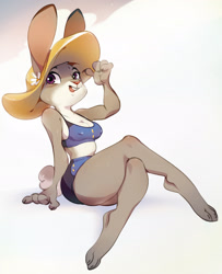Size: 1777x2186 | Tagged: safe, artist:spirale, judy hopps (zootopia), lagomorph, mammal, rabbit, anthro, digitigrade anthro, disney, zootopia, 2023, 2d, belly button, bottomwear, breasts, clothes, cute, digital art, ears, eyelashes, female, fur, hair, hat, headwear, open mouth, pink nose, shorts, solo, solo female, sports bra, sports shorts, tail, thighs, tongue, topwear, wide hips