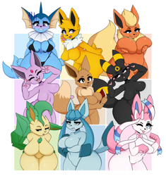 Size: 1861x1980 | Tagged: suggestive, artist:i_am_kat95, eevee, eeveelution, espeon, fictional species, flareon, glaceon, jolteon, leafeon, mammal, sylveon, umbreon, vaporeon, anthro, nintendo, pokémon, 2023, arm under breasts, bedroom eyes, belly button, bent over, big breasts, bikini, bikini snap, blep, blushing, border, breast squish, breasts, clothes, digital art, ears, eyelashes, eyes closed, featureless breasts, featureless crotch, female, females only, fins, fluff, fur, hair, lifting breasts, looking down, neck fluff, one eye closed, open mouth, open smile, picture-in-picture, pose, ribbons (body part), simple background, smiling, swimsuit, tail, thighs, tongue, tongue out, unamused, wardrobe malfunction, white border, why me, wide hips
