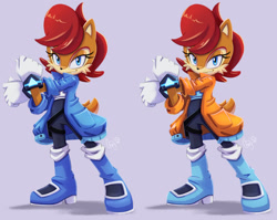 Size: 1024x817 | Tagged: safe, artist:sheylog, princess sally acorn (sonic), chipmunk, mammal, rodent, anthro, archie sonic the hedgehog, sega, sonic the hedgehog (series), 2023, blue eyes, boots, cheek fluff, clothes, female, fluff, full body, gloves, hair, jacket, red hair, redesign, shoes, smirk, tail, topwear