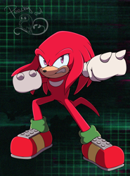Size: 1066x1442 | Tagged: safe, artist:peachyowlart, knuckles the echidna (sonic), echidna, mammal, monotreme, anthro, sega, sonic forces, sonic the hedgehog (series), 2022, clothes, full body, fur, gloves, male, purple eyes, red body, red fur, shoes, solo, solo male, tail