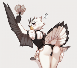 Size: 2039x1807 | Tagged: suggestive, artist:spuydjeks, oc, oc only, bird, anthro, 2023, adorasexy, beak, bent over, blushing, bottomwear, butt, cameltoe, clothes, cute, digital art, eyelashes, feathers, female, freckles, glasses, hair, inconvenient tail, maid, maid outfit, meganekko, panties, presenting, raised tail, rear view, round glasses, sexy, simple background, skirt, solo, solo female, tail, tail feathers, thighs, trefoil, underskirt, underwear, upskirt, wide hips, winged arms, wings