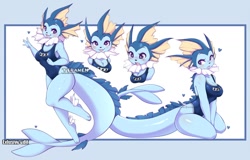Size: 1428x916 | Tagged: safe, alternate version, artist:teranen, eeveelution, fictional species, mammal, vaporeon, anthro, nintendo, pokémon, 2023, anthrofied, breasts, clothes, female, one-piece swimsuit, solo, solo female, swimsuit, tail, thighs