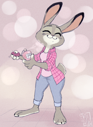 Size: 890x1218 | Tagged: safe, artist:burntbeebs, judy hopps (zootopia), lagomorph, mammal, rabbit, anthro, disney, zootopia, 2023, 2d, bottomwear, breasts, clothes, cute, eyes closed, female, pants, perfume, short tail, smiling, solo, solo female, standing, tail, topwear