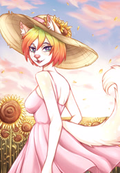 Size: 2100x3010 | Tagged: safe, artist:dolohova, oc, oc only, canine, fox, mammal, anthro, 2023, 2d, bottomwear, breasts, clothes, cloud, commission, cottagecore, dress, female, flower, fur, hair, hat, headwear, looking at you, multicolored eyes, multicolored hair, open mouth, plant, sky, solo, solo female, sun hat, sunflower, vixen, white body, white fur, ych result