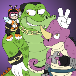 Size: 1628x1624 | Tagged: safe, artist:toonidae, charmy bee (sonic), espio the chameleon (sonic), vector the crocodile (sonic), arthropod, bee, chameleon, crocodile, crocodilian, insect, lizard, reptile, sega, sonic the hedgehog (series), male, males only, trio, trio male