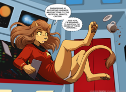 Size: 1888x1382 | Tagged: safe, artist:twokinds, m'ress (star trek), alien, caitian, feline, fictional species, mammal, anthro, digitigrade anthro, star trek, star trek the animated series, brown hair, clothes, coffee cup, digital art, ears, female, fur, hair, indoors, panties, paw pads, paws, solo, solo female, speech bubble, tail, tail tuft, tan body, tan fur, text, underwear, zero gravity