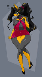 Size: 1024x1844 | Tagged: safe, artist:almankanine, oc, oc:heidi, canine, doberman, dog, mammal, anthro, blushing, breasts, clothes, ear piercing, earring, embarrassed, female, high heels, huge breasts, lipstick, makeup, piercing, shoes, solo, solo female, thick thighs, thighs, wide hips
