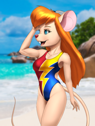 Size: 4500x6000 | Tagged: safe, artist:mykegreywolf, gadget hackwrench (chip 'n dale: rescue rangers), mammal, mouse, rodent, anthro, chip 'n dale: rescue rangers, disney, 2023, 4 fingers, absurd resolution, beach, blue eyes, breasts, buckteeth, clothes, collarbone, eyebrows, eyelashes, female, fluff, fur, goggles, goggles on head, hair, long hair, murine, one-piece swimsuit, open mouth, orange hair, outdoors, shoulder fluff, small breasts, solo, solo female, swimsuit, tan body, tan fur, teeth