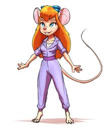 Size: 2024x2444 | Tagged: safe, artist:mykegreywolf, gadget hackwrench (chip 'n dale: rescue rangers), mammal, mouse, rodent, anthro, chip 'n dale: rescue rangers, disney, 2023, 4 fingers, barefoot, blue eyes, breasts, collarbone, eyebrows, eyelashes, female, goggles, goggles on head, hair, jumpsuit, long hair, murine, orange hair, small breasts, smiling, solo, solo female, standing