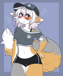 Size: 1738x2120 | Tagged: safe, artist:marbelle, oc, oc only, calico, cat, feline, mammal, anthro, 2023, belly button, bottomwear, cap, cat ears, cat tail, clothes, crop top, cropped shirt, dolphin shorts, female, fluff, hair, hand on hip, hat, headwear, midriff, off shoulder, pink eyes, short hair, short shorts, shorts, solo, solo female, sports shorts, tail, tail fluff, tomboy, topwear, tricolor fur, white hair