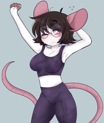 Size: 1769x2083 | Tagged: safe, artist:marbelle, oc, oc only, mammal, rat, rodent, anthro, 2023, brown hair, clothes, crop top, female, fur, glasses, hair, midriff, mouse ears, mouse tail, murine, pants, round glasses, short hair, solo, solo female, sports bra, sportswear, stretching, tight clothing, topwear, white body, white fur, workout clothes, yoga pants