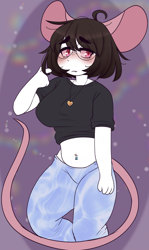 Size: 1484x2483 | Tagged: safe, artist:marbelle, oc, oc only, mammal, rat, rodent, anthro, 2023, belly button, belly button piercing, blushing, brown hair, clothes, crop top, female, fur, glasses, hair, jeans, midriff, mouse ears, mouse tail, murine, pants, pendant, piercing, red eyes, round glasses, short hair, solo, solo female, tight clothing, topwear, white body, white fur, yoga pants