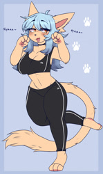 Size: 763x1280 | Tagged: safe, artist:marbelle, oc, oc only, cat, feline, mammal, anthro, 2022, barefoot, beige fur, belly button, blue hair, blushing, cat ears, cat tail, clothes, crop top, female, hair, midriff, pants, patreon reward, paws, solo, solo female, sports bra, sportswear, tail, tight clothing, topwear, yellow eyes, yoga pants