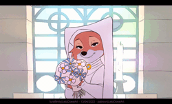 Size: 800x483 | Tagged: safe, artist:letodoesart, maid marian (robin hood), canine, fox, mammal, red fox, anthro, disney, robin hood (disney), 2d, 2d animation, animated, bedroom eyes, bouquet, candle, church, clothes, dress, eyes closed, female, flower, frame by frame, letterboxing, looking at you, plant, smiling, smiling at you, solo, solo female, vixen, wedding dress, wedding veil