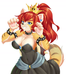 Size: 1702x1900 | Tagged: safe, artist:dstears, bowser (mario), cat, feline, mammal, anthro, mario (series), nintendo, 2021, bedroom eyes, bottomwear, bowsette (mario), breasts, clothes, collar, crown, detailed background, digital art, dress, ears, eyelashes, female, fur, headwear, jewelry, pink nose, pose, regalia, rule 63, simple background, solo, solo female, species swap, spiked collar, spiked wristband, tail, thighs, whiskers, white background, wide hips, wristband